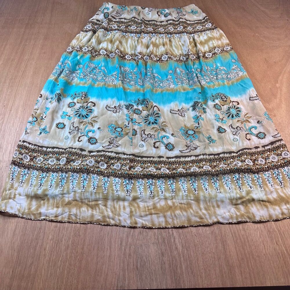 Sheri Martin New York 10 Boho Floral Midi Skirt Beige Turquoise Lined Fall